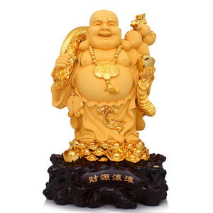 Golden Laughing Buddha Sculpture with Lucky Coins