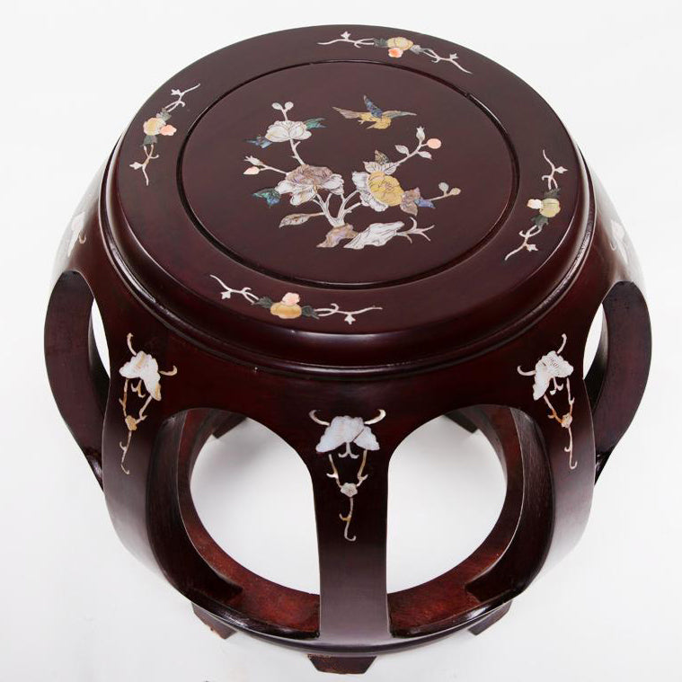Drum Stool Mother of Pearl Inlay Bird and Flower Design